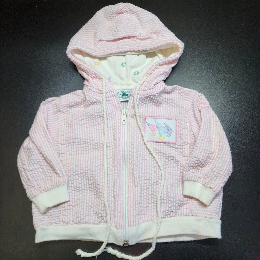 Lacoste Seersucker Jacket Size 12-24 Mths Pink Zip Up Hooded Cotton Vintage 80s